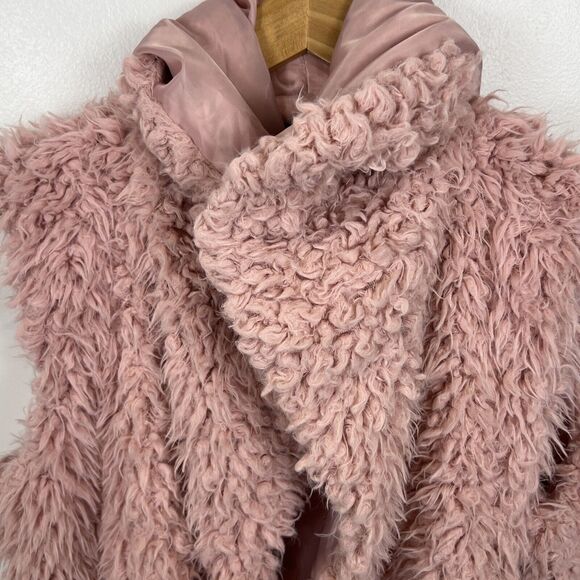 A.N.A. Womens Pink Faux Sheep Fur Hooded Jacket Vest Pockets Cozycore Large Coat - Picture 9 of 16